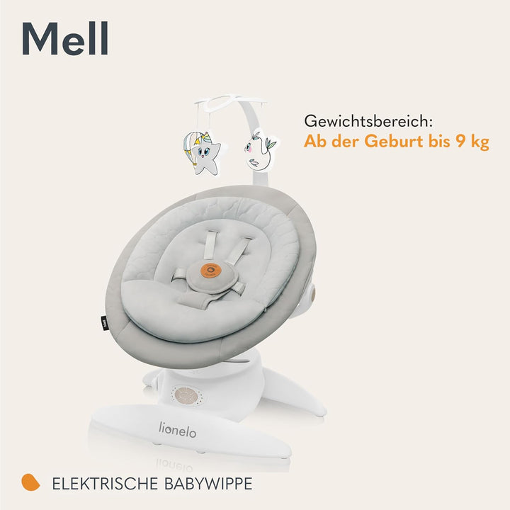 LIONELO MELL Elektrische Babywippe mit 360o Drehung für Babys bis 9 kg Verstellbare Rückenlehne 5 Sc