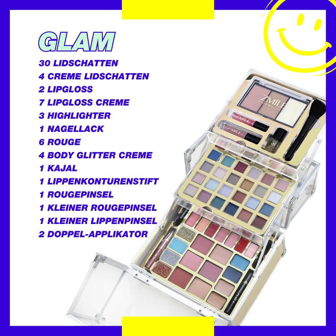 ZMILE COSMETICS Glam transparenter Kosmetikkoffer vegane Kosmetik mit Schminke - Make Up Set für unt