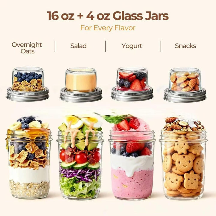 Müslibecher to Go aus Glas, 4er Set für Overnight Oats, 480+120 ml | Mit separatem Toppingfach für J