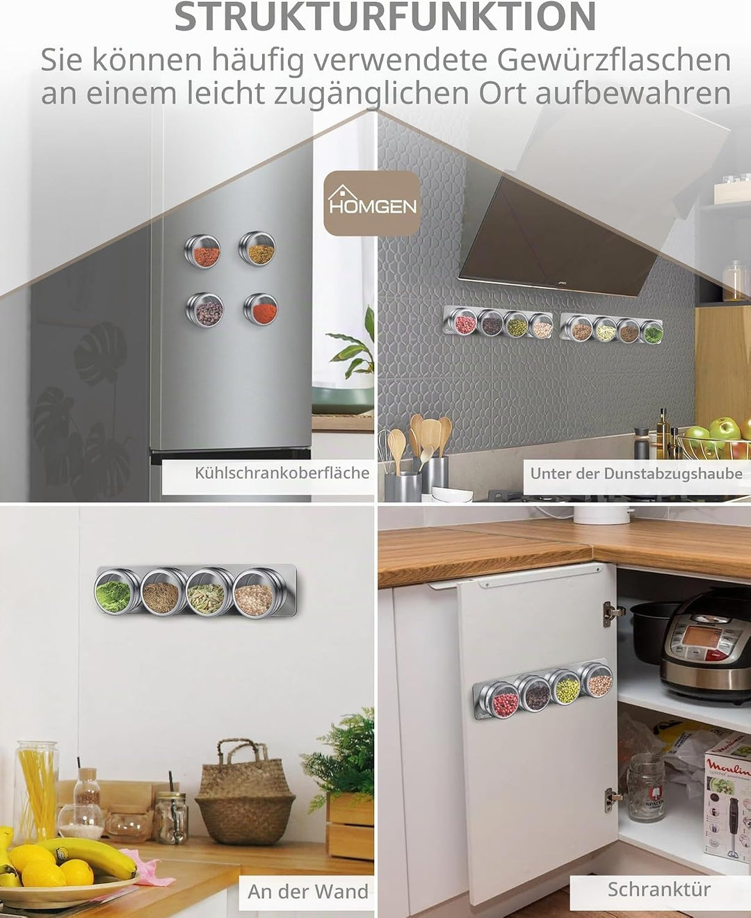 HOMGEN Gewürzdosen Magnetisch 8 Stück Edelstahl Gewürzgläser Set Magnet 100ml Gewürze Spice Jars Mag