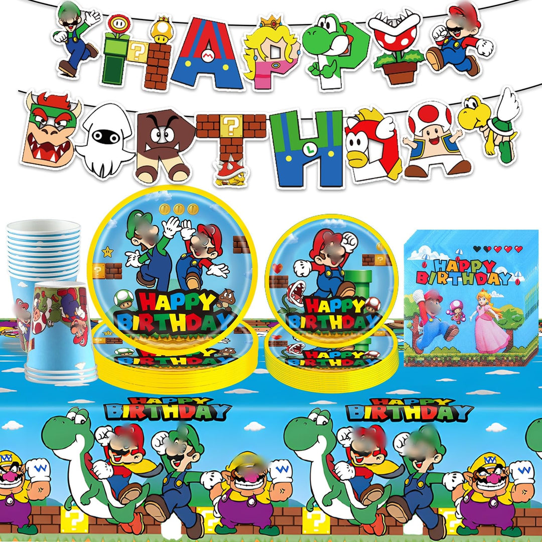 Super Bros Pappteller Kindergeburtstag Deko Junge Mädchen- Mari Geburtstag Geschirr Set Geburtstagsd