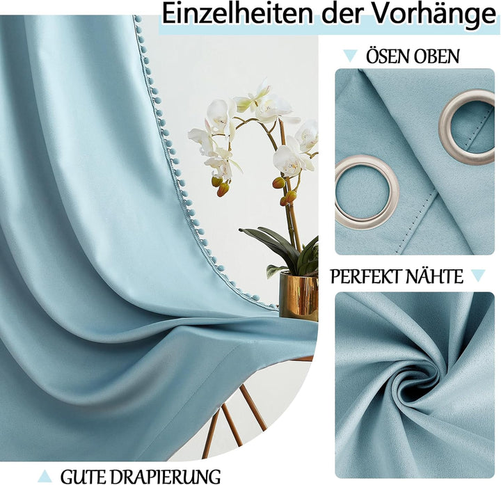 Treatmentex Blickdicht Vorhang mit Pompons Blau Vorhang mit Ösen Landhausstil Wärmeisoliert Thermovo