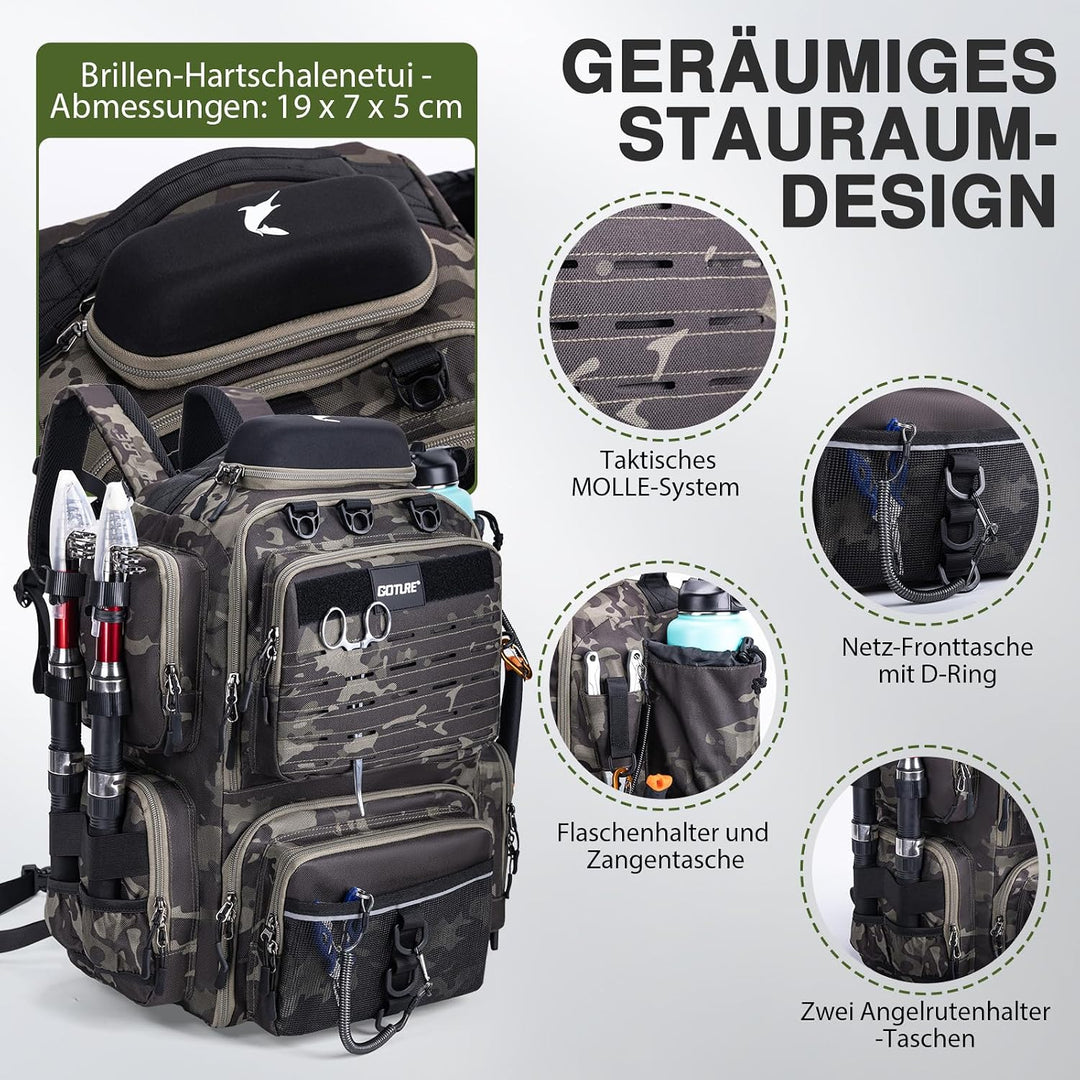 Goture Angelrucksack 45L, 4 Köderboxen, wasserdicht, Rutenhalter, Outdoor Schwarz Grau Tarn mit 4 Kö