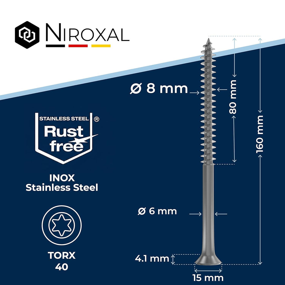 Holzschrauben Torx Schrauben 8x160 Edelstahl V2A rostfrei Spanplattenschrauben für Holz Teilgewinde