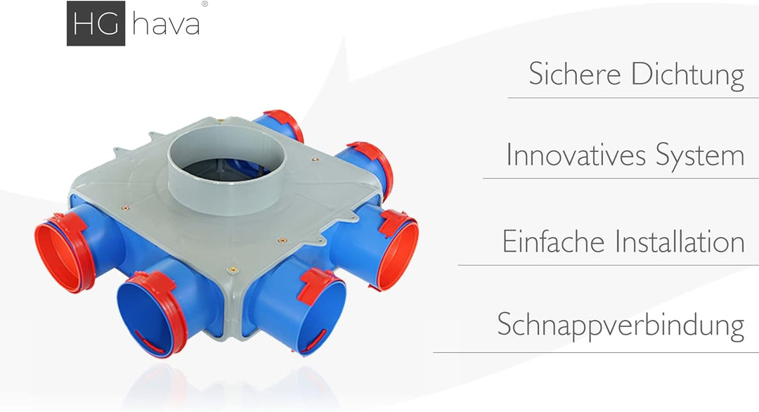 HG Hava Luftverteiler, Rekuperator mit 6 Anschlüssen, Einfache Installation durch Schnappverbindung,