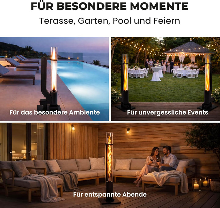 Lemodo Pelletfackel CORE, Feuersäule Outdoor mit Glasröhre, für Garten &amp; Terrasse, für Holzpellets,