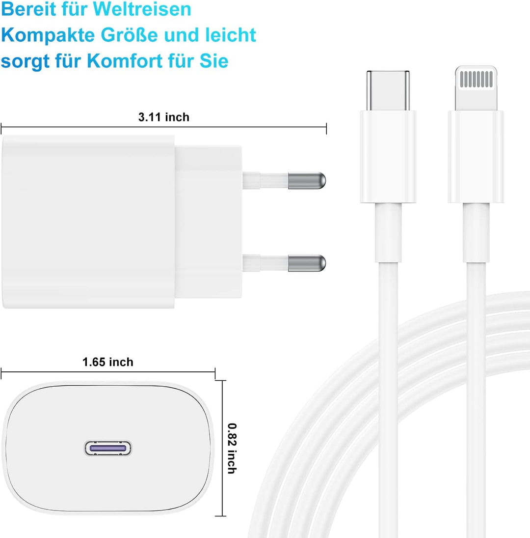 2 Pack iPhone Schnellladegerät,Apple Netzteil Ladegerät 20W mit USB C Light-ning Kabel 2M Original,