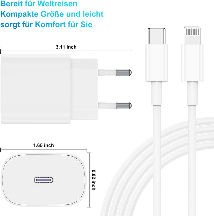2 Pack iPhone Schnellladegerät,Apple Netzteil Ladegerät 20W mit USB C Light-ning Kabel 2M Original,