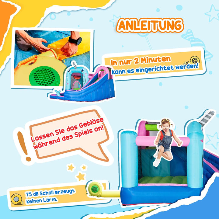 Outsunny Aufblasbare Hüpfburg mit Gebläse, Wasserspielcenter inkl. Sicherheitsnetz, Wasserrutsche, S