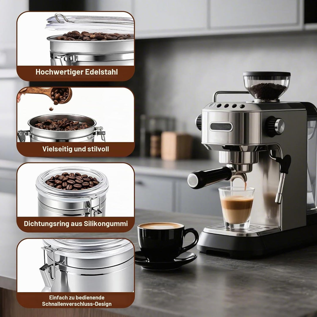 Hapivida Luftdichte Vakuum Kaffeedose, 1000ml Edelstahl Kaffeepulver Dose mit Aroma-Deckel und Versc