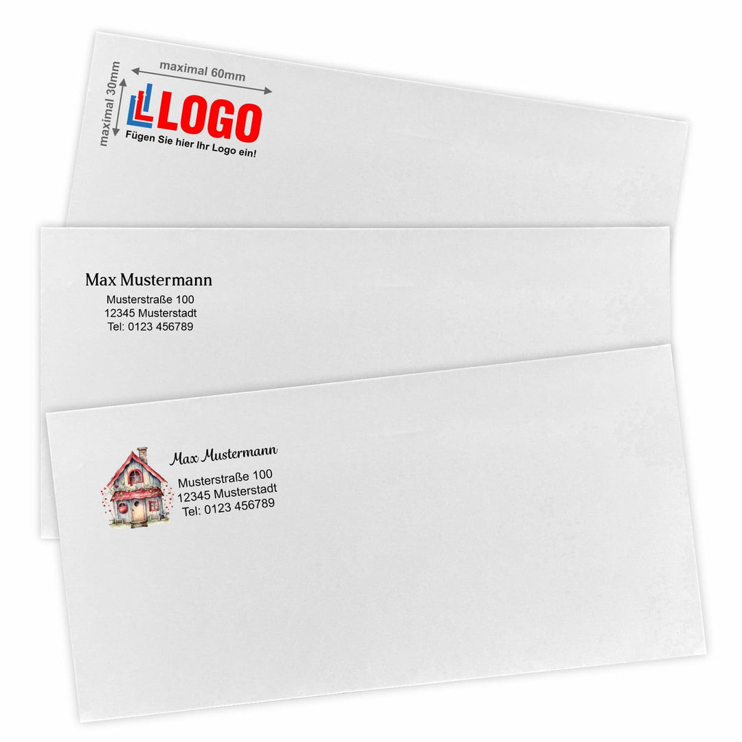 Bedruckte Briefumschläge Personalisierung mit Logo, Design Absenderadresse DIN lang ohne Fenster sel