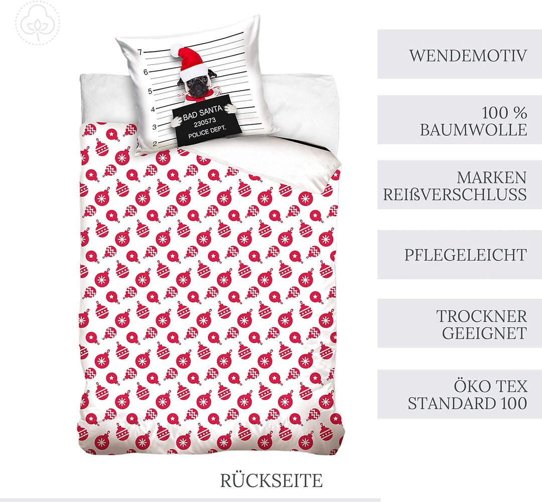MTOnlinehandel Bettwäsche-Set 135x200 · witzige Weihnachts-Bettwäsche · Bad Santa Mops Winter-Motiv