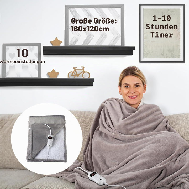 SENSIOHOME Elektrische Luxus-Heizdecke Grau, Flanell-Fleece mit Teddy-Effekt-Innenseite, maschinenwa