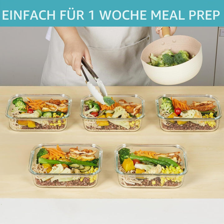 Vtopmart 5er-Pack Meal Prep Boxen Glas, 1035 ML Mealprepboxen für die Essensvorbereitung, Luftdicht