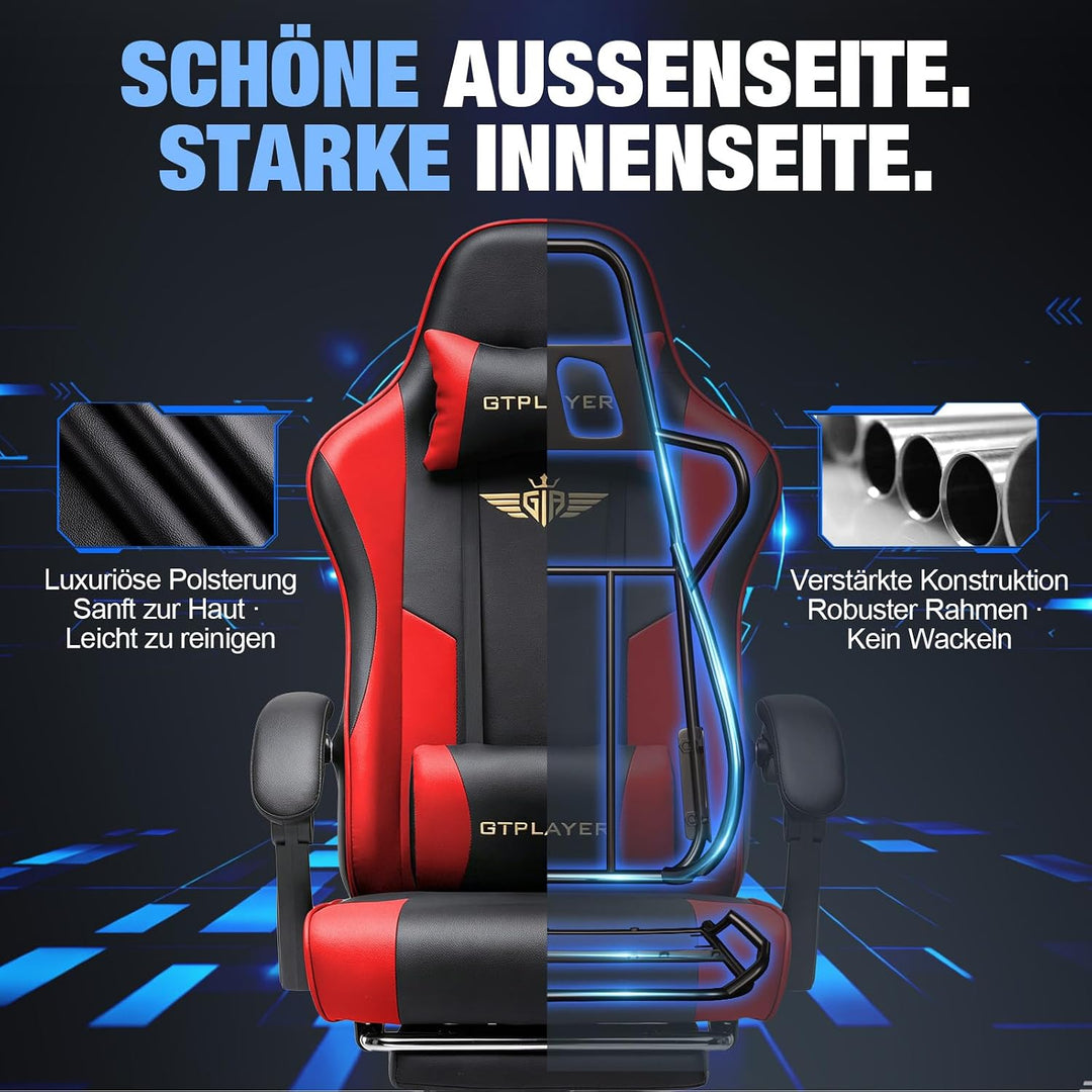 GTPLAYER Gaming Stuhl Chair Gamer Sessel - Ergonomischer Gamer Stuhl mit Fussstütze Kopfstütze und L