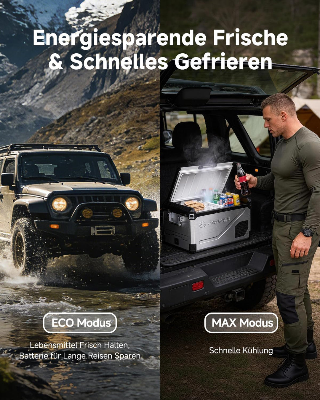 AAOBOSI 45L Kompressor Kühlbox Dual Zone bis -20℃，Edelstahlgehäuse &amp; Aluminium-Innenausstattung，12/2