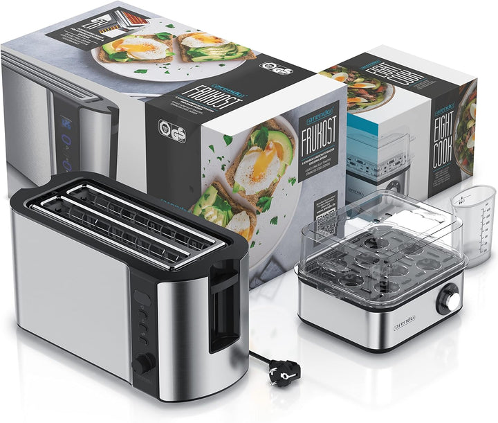 Arendo SET Toaster FRUKOST mit Eierkocher EIGHTCOOK Edelstahl Silber Toaster 4 Scheiben LED-Display