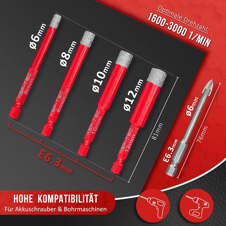 KSP-TEC® | Fliesenbohrer Set - 6,8,10,12mm | zum Bohren von Fliesen, Glas, Marmor, Granit uvm. - Ker