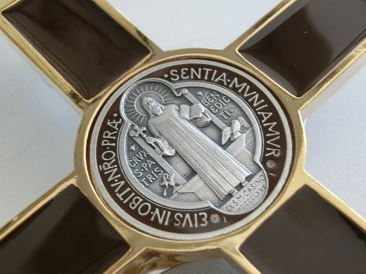 10.004.21 Brown Kreuz Gold Braun San Benedikt 20 cm emailliert mit Box Gift Saint Benedict Erstaunli