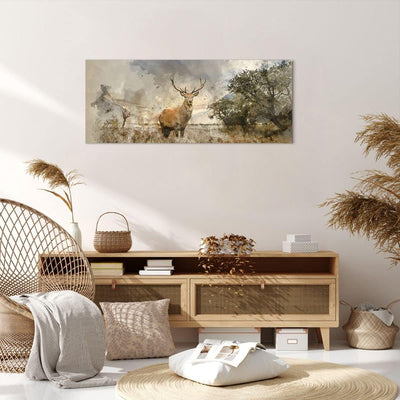 Panorama Bilder auf Leinwand 100x40cm Leinwandbild mit Rahmen rotwild natur Gross Wanddeko Bild Schl