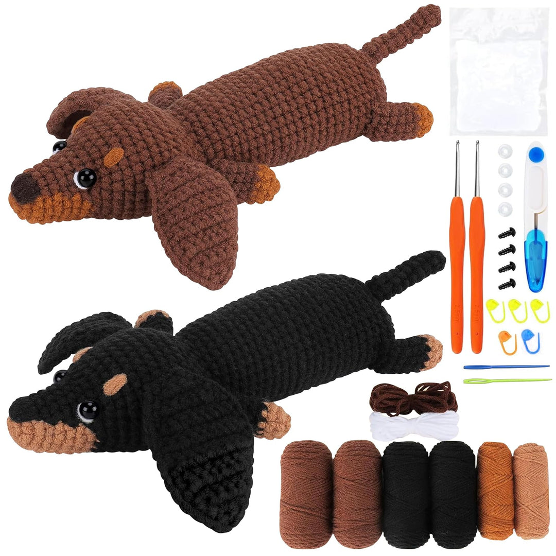 Häkelset für Anfänger, Häkeln Tier Kit Komplett Dackel Hund Häkeln mit Haken Nadeln, Garn und Schrit