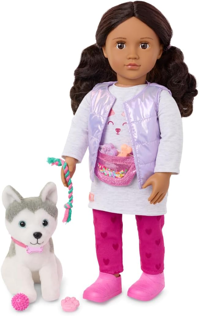 Our Generation - Estella - 46 cm-Puppe & Haustier Welpen Set - Lebensechte dunkelbraune Augen und ge