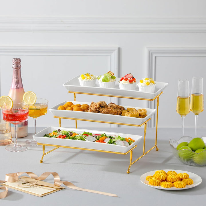 MALACASA Etagere 3 Etagen, 36x15.3cm Servierplatte Porzellan, Servierplatten mit Zusammenklappbaren