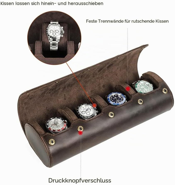 Hiram Uhren-Reiseetui für 4 Uhren, echtes Leder, Aufbewahrungsbox, Schiebekissen-Design, tragbarer U