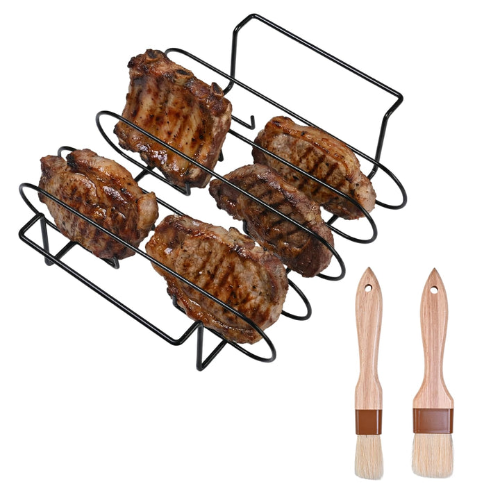 Grill Rib Stand, BBQ Rib Rack mit 2 Pinseln, Spare Ribs Halter für Gas- und Holzkohlegrills, Braten