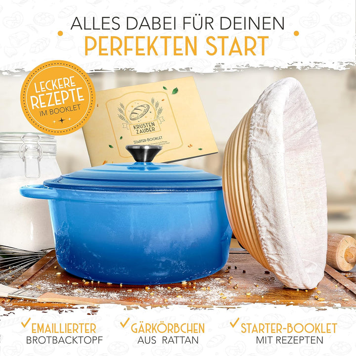 KRUSTENZAUBER Gusseisen Topf Brot Backen [inkl. Gärkorb] - Hochwertiger Emaille Topf 26cm - Idealer