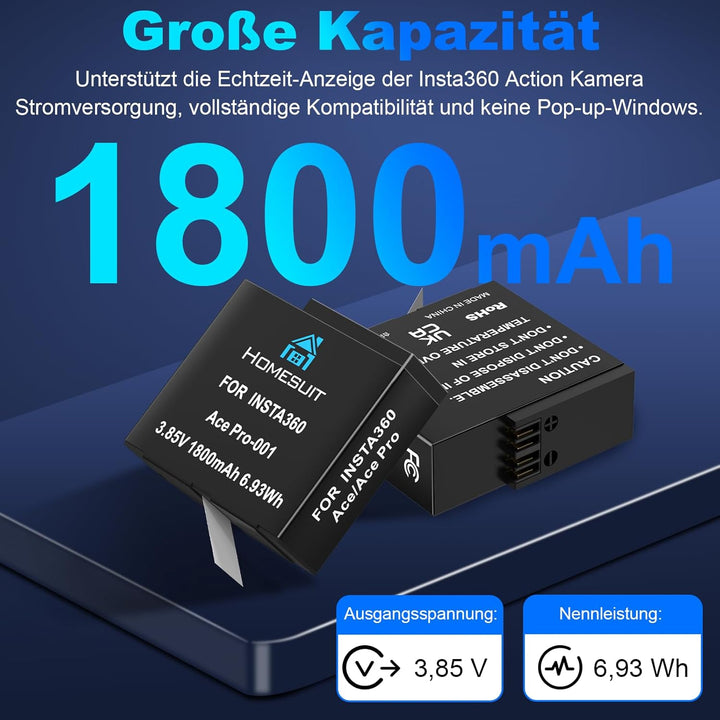Homesuit Insta 360 Ace Ersatz Akku 1800mAh 2 Stück und USB Ladegerät kompatibel mit Insta360 Ace Pro