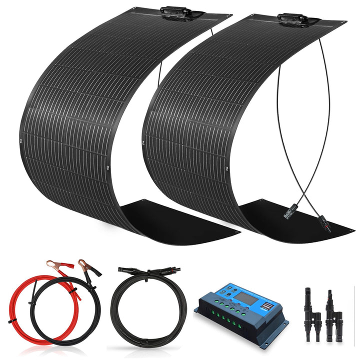 200W Solarpanel-Kit Flexibel 12V Set, Schwarz Flexibles Solarmodul+20A 12V/24V Solarladeregler + Sol