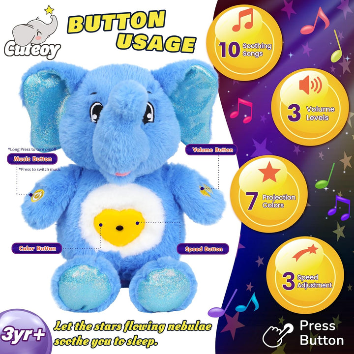 Cuteoy Plüsch Blauer Elefant LED Sternenhimmel Projektor, Musikalisch Einstellbar Singend weicher Pr