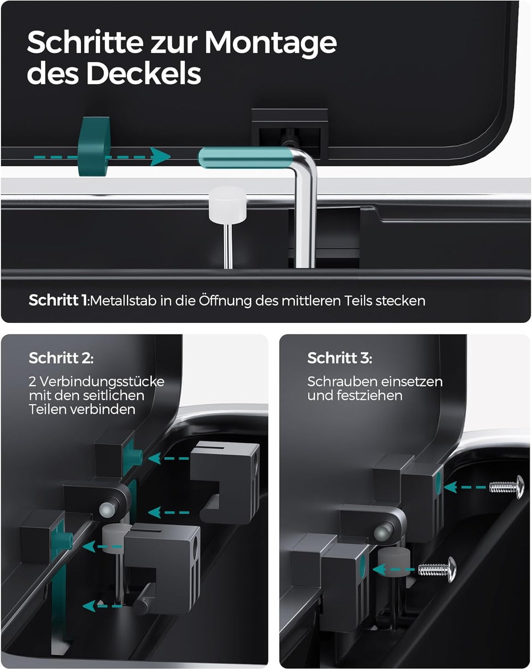 SONGMICS Ersatzdeckel für Mülleimer, passend für Mülleimer mit 2 x 30-Liter-Fächern, schwarz LTB001B