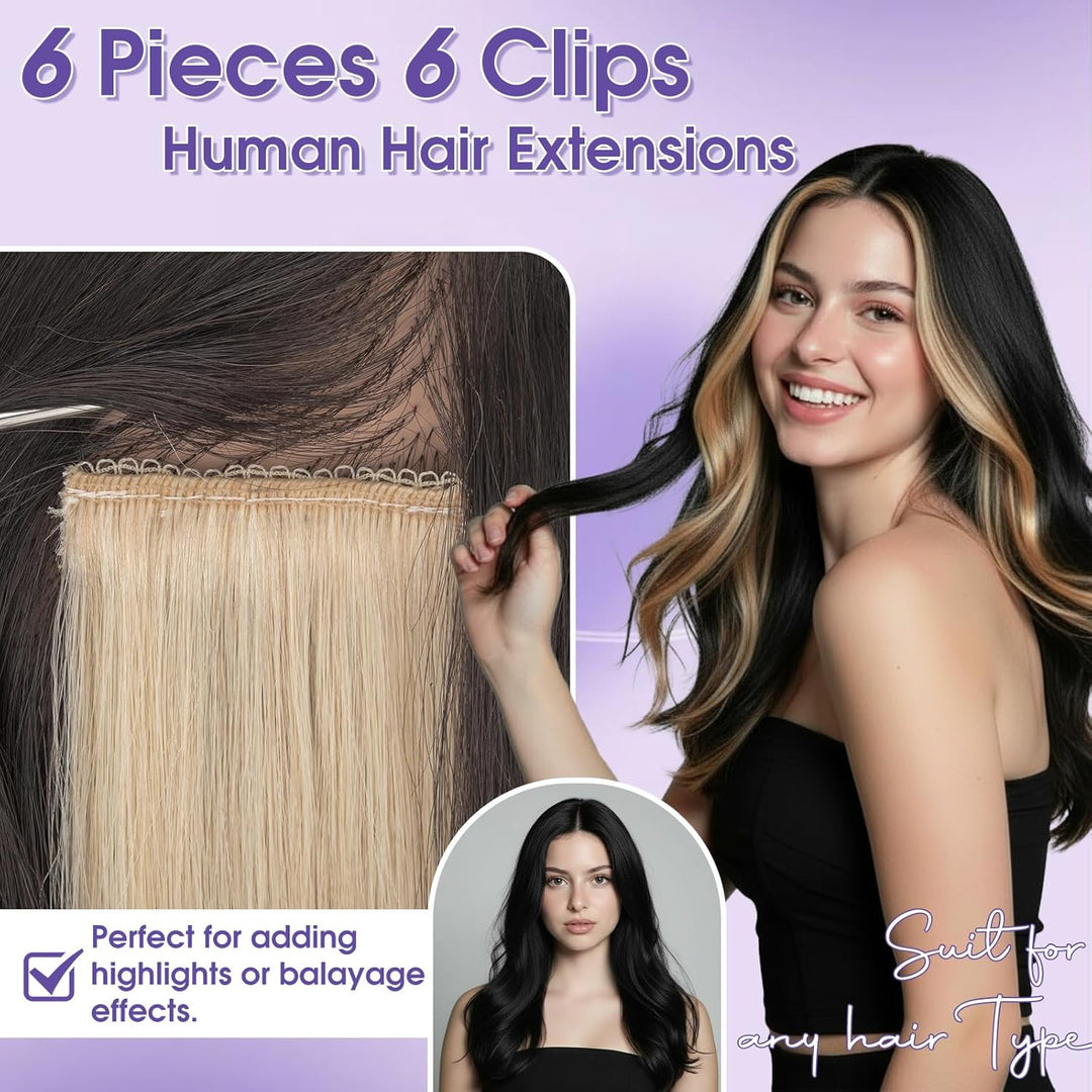 S-noilite Clip in Extensions Echthaar 6 Stück Balayage Haarverlängerung Echthaar Highlights für Frau