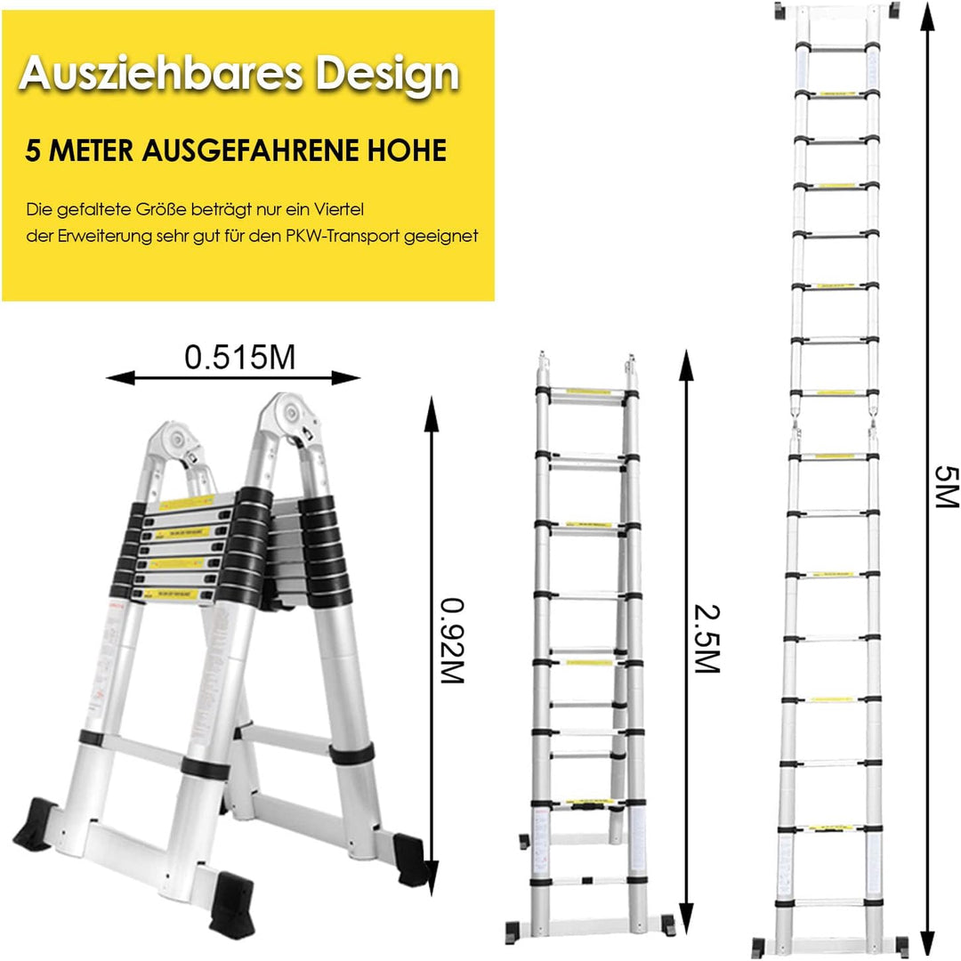Herrselsam 5M Teleskopleiter Klappleiter Aluminium, Rutschfester Aluleiter Stehleiter Mehrzweckleite