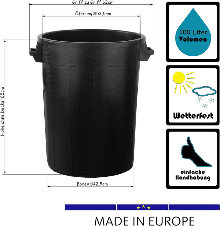 BigDean Universaltonne 100 Liter ohne Deckel Allzweck Tonne Schwarz mit 2 Tragegriffen 100 Liter Ton
