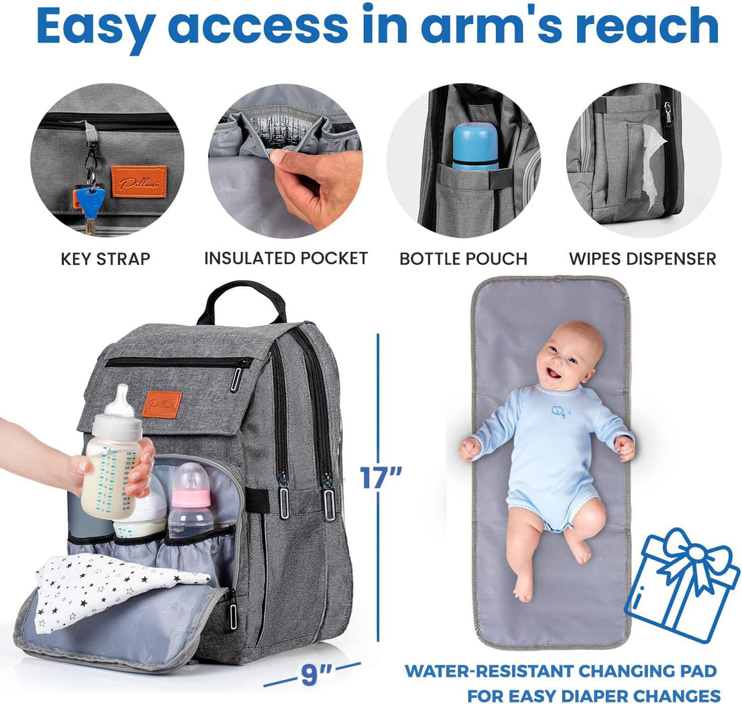 PILLANI Baby-Wickeltaschen-Rucksack – grosse Tasche für Jungen und Mädchen – Wickelrucksack – Reise-