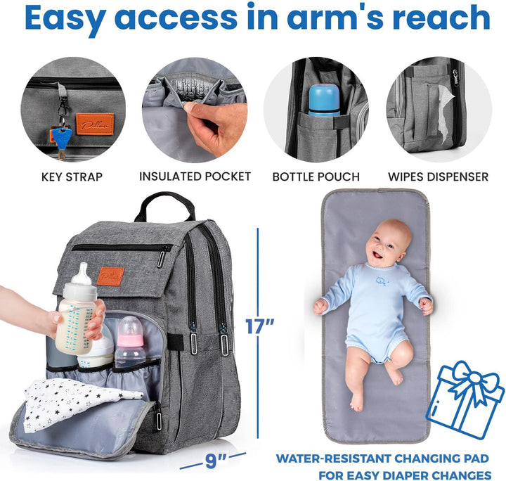 PILLANI Baby-Wickeltaschen-Rucksack – grosse Tasche für Jungen und Mädchen – Wickelrucksack – Reise-