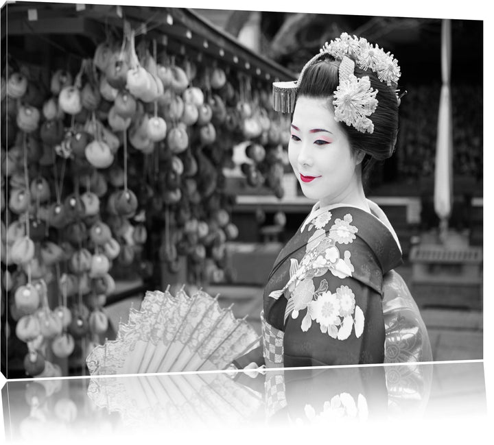 schöne Geisha mit Fächer schwarz/weiss Format: 100x70 auf Leinwand, XXL riesige Bilder fertig gerahm