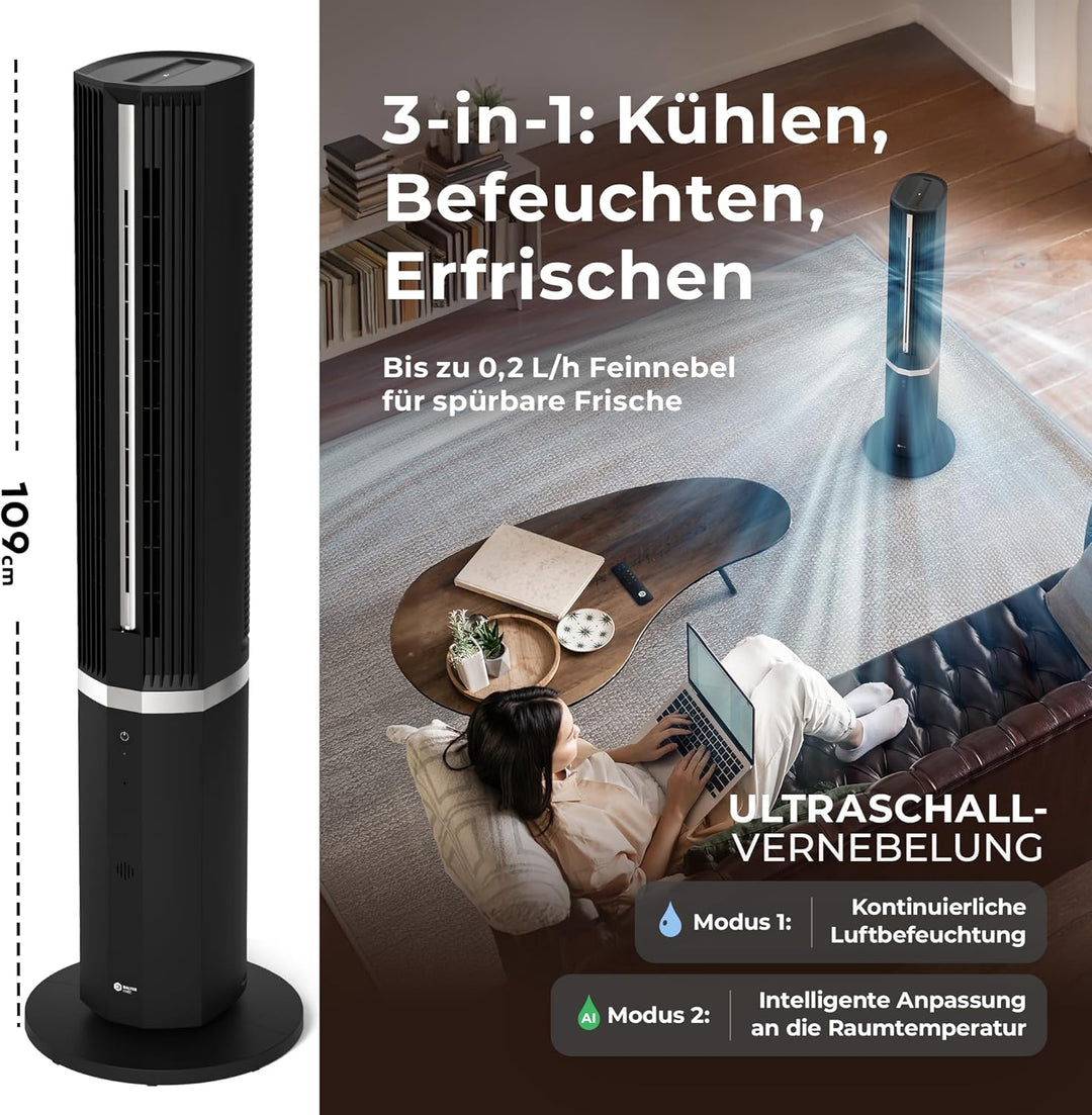 Balter 5-in-1 Mobile Klimaanlage ohne Abluftschlauch - Ventilator mit Wasserkühlung - Luftkühler & L