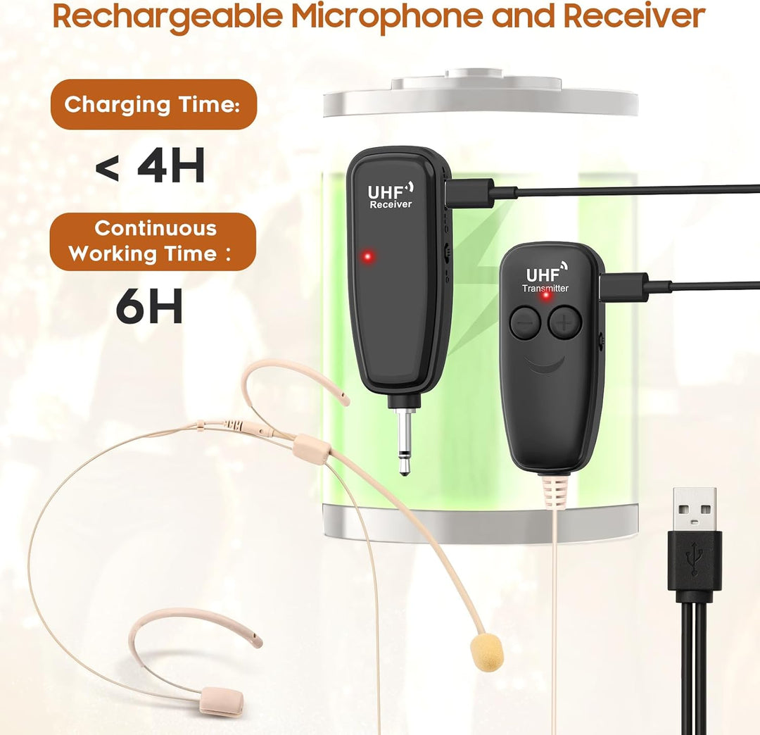XIAOKOA Kabelloses Headset Mikrofon, UHF Hautton Drahtloses Mikrofon Lautsprechersystem, Beigefarben