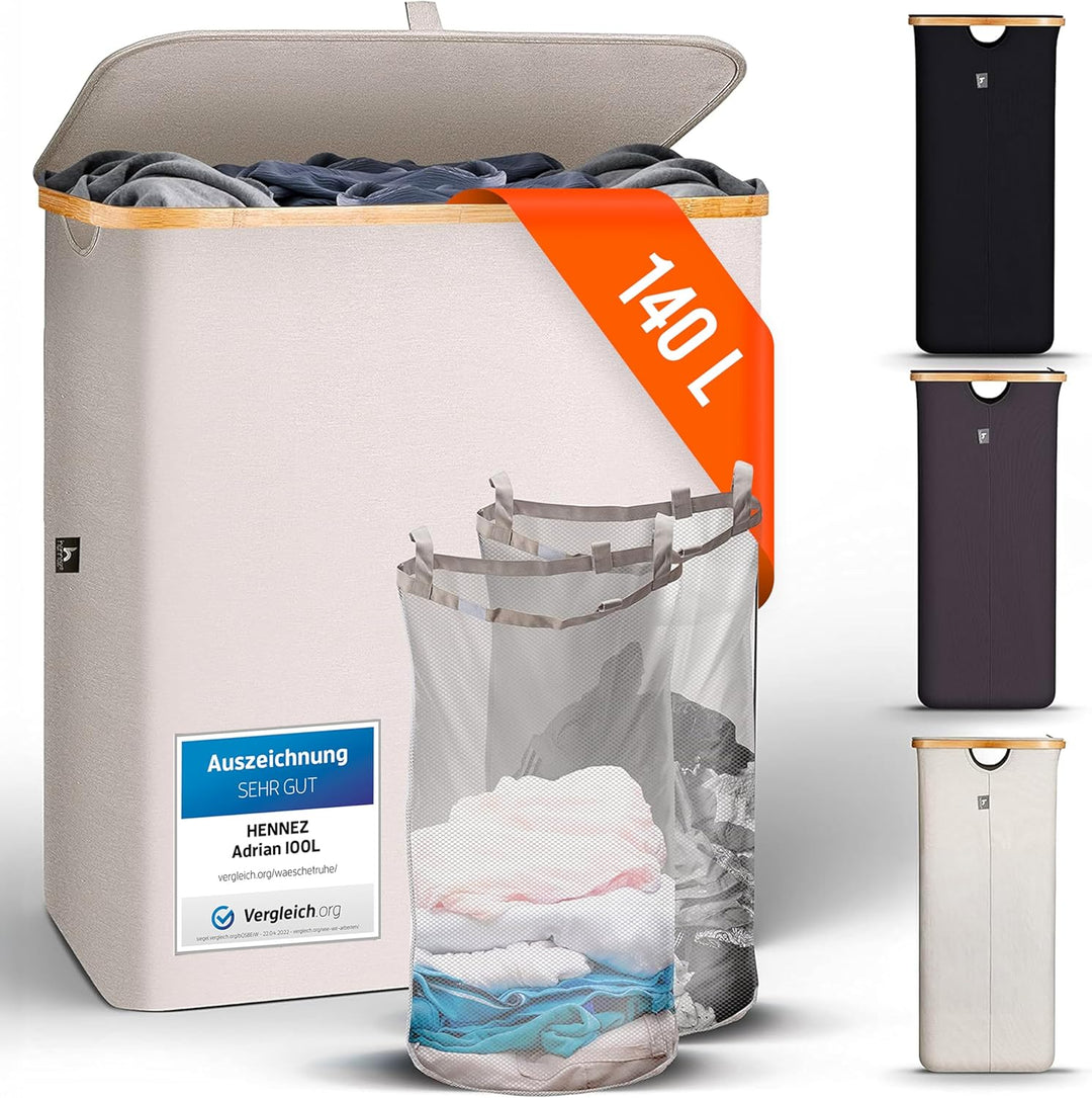 HENNEZ Wäschekorb mit Deckel 2 Fächer Wäschekorb Beige - Grau 140L Wäschesack schmal - Wäschesortier