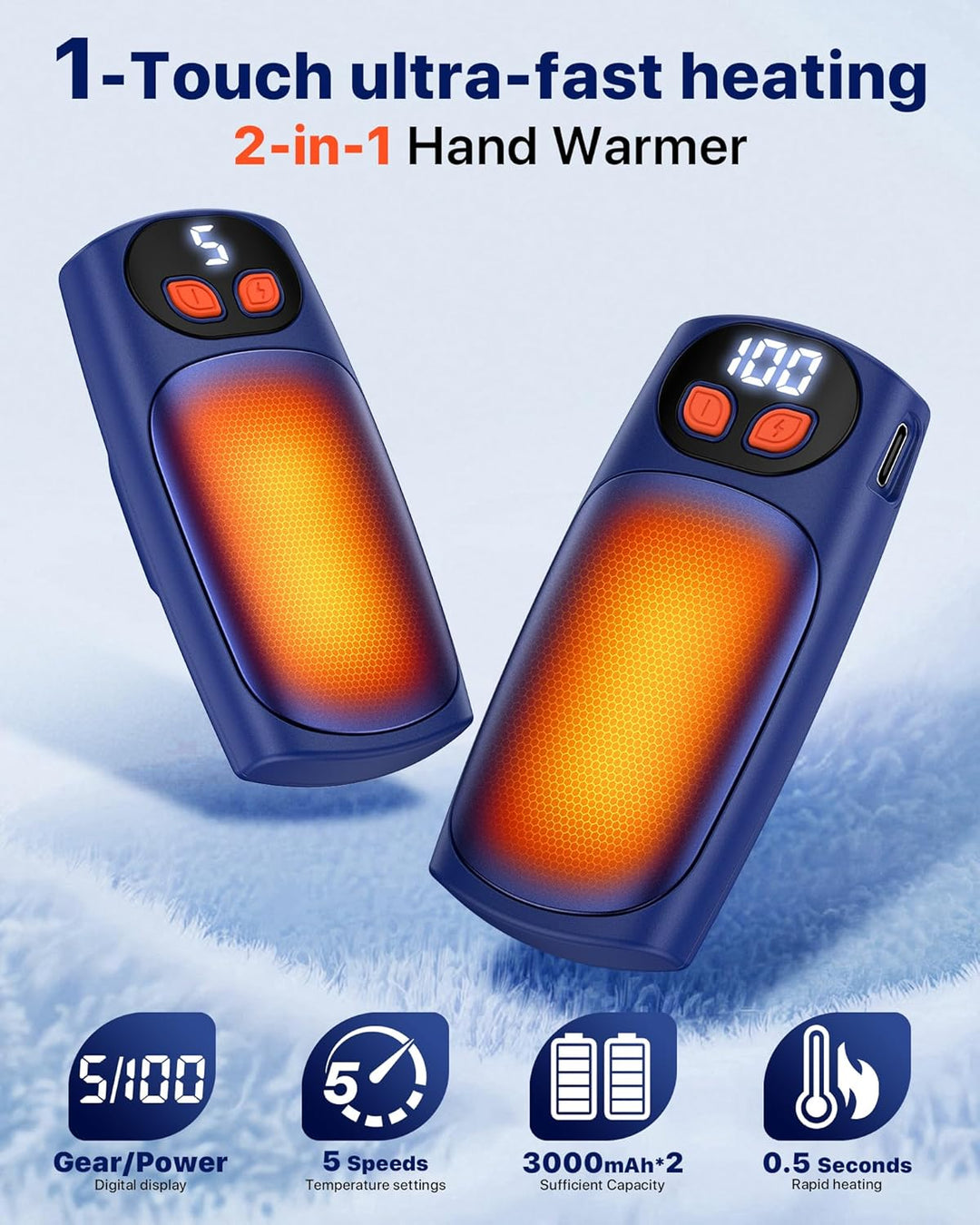 Handwärmer Elektrisch 2er-Pack, LED-Anzeige & 5 Heizstufen, USB-C Taschenwärmer, Ideal für Golf, Cam