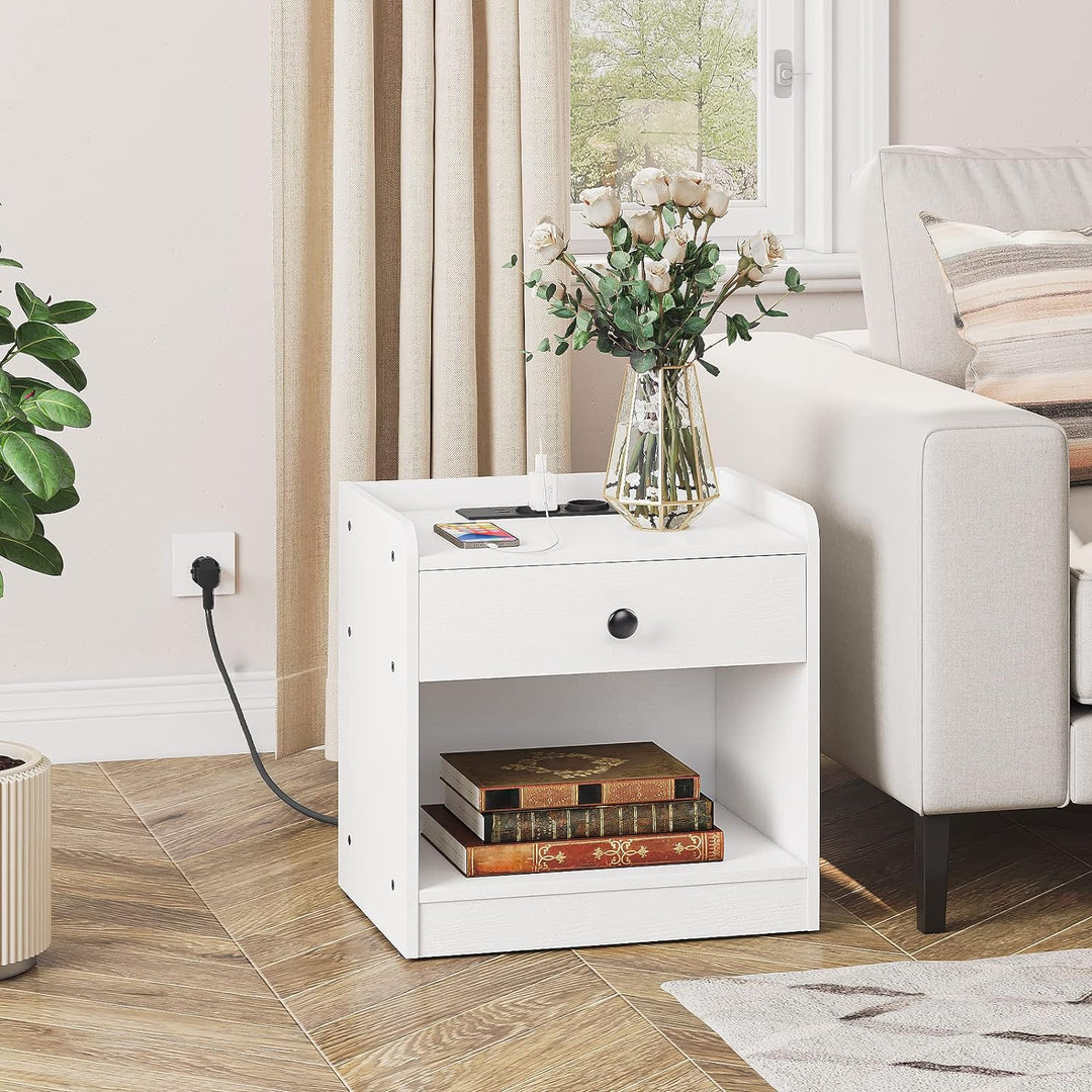 HOOBRO Nachttisch mit Ladestation, Beistelltisch mit Schublade und offenen Fächern, USB-Anschlüsse u