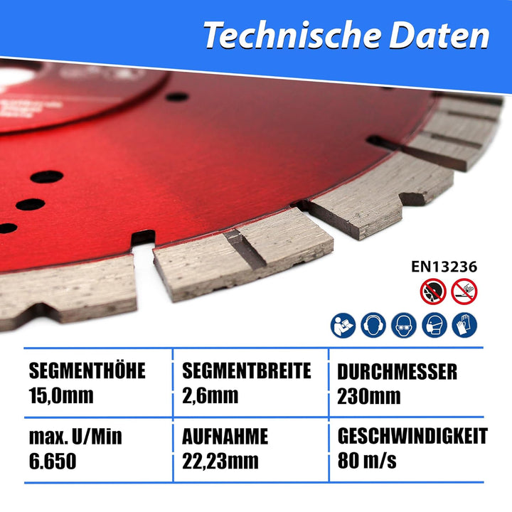 LXDIAMOND Diamant-Trennscheibe 230mm x 22,23mm - Segment 15mm - für Hartgestein Kunststeine Stein Zi