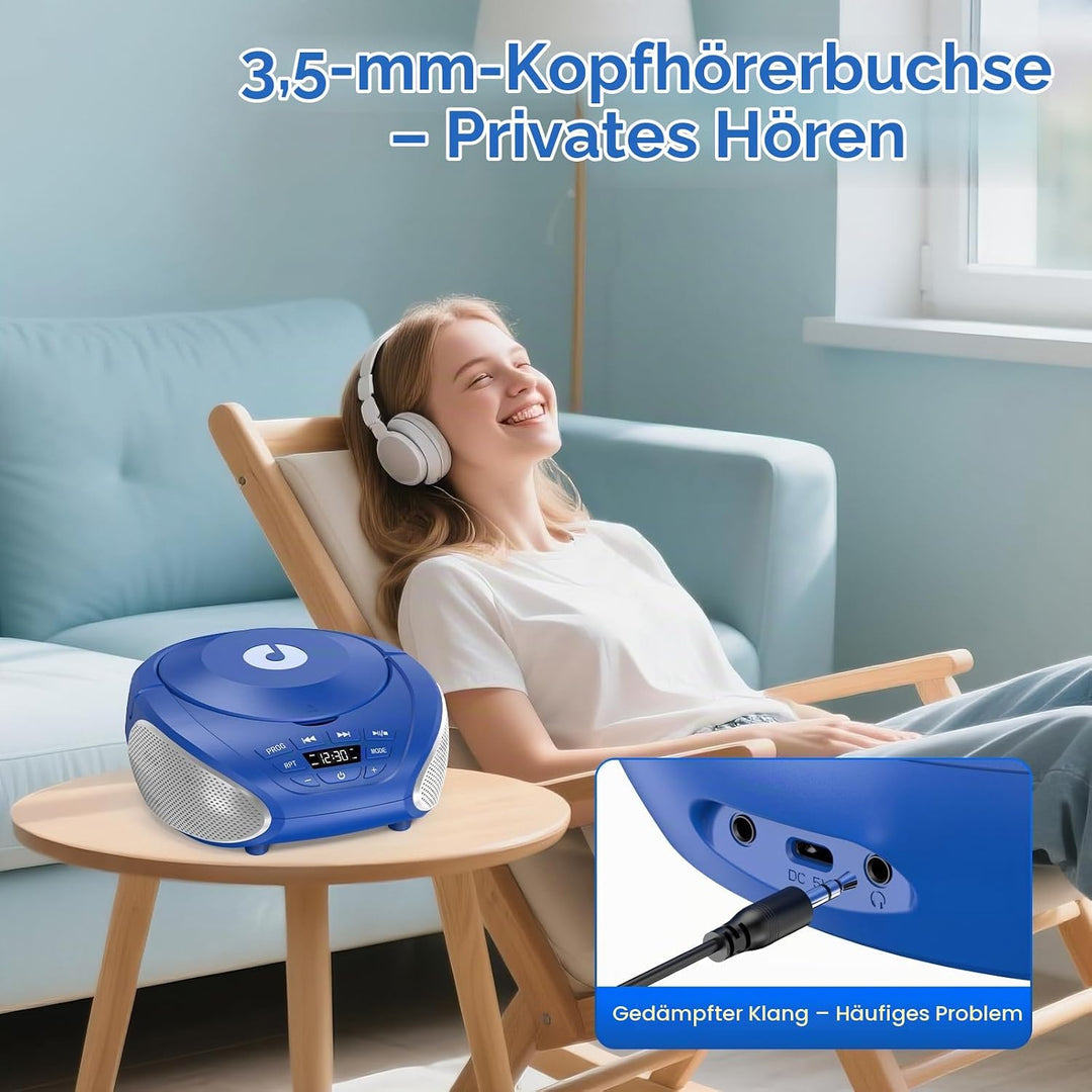 Gueray Tragbarer CD-Player Boombox Kompakt-Radio mit Stereo-Lautsprechern UKW-Radio 3,5-mm-AUX-Einga