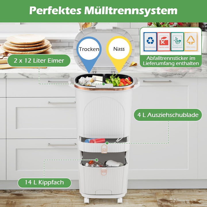 COSTWAY Mülleimer Küche, Mülltrennsystem 3 Fächer, 2 x 12L Inneneimer & 14L Treteimer, Abfalleimer m