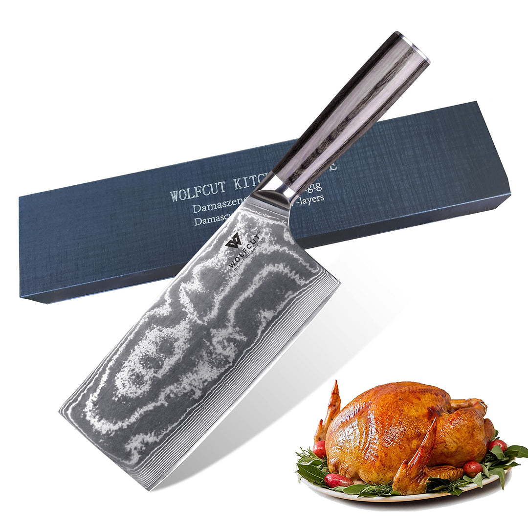 Wolfcut Damascus Hackmesser/Hackbeil 17,8 cm 67 Lagigen Damaszener Stahl schwarzes Pakkaholzgriff mi