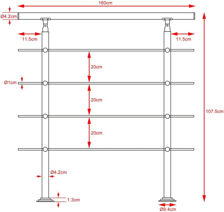 MONZANA® Treppengeländer Edelstahl Pflegeleicht 160cm mit 4 Querstreben Innen und Aussen Handlauf Ge